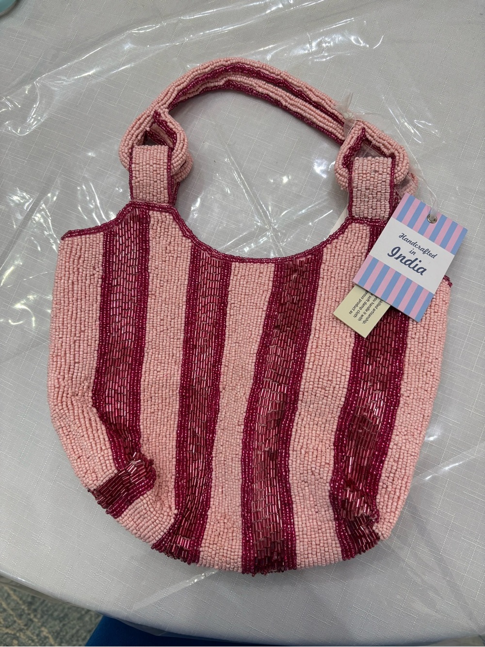 Handbeaded Pink & Magenta Striped Bag Available